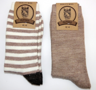 55% Wolle & 35% Alpaka dünne Wollsocken im 2er Pack "Ringel & Uni" wärmend & dünn Gr. 35/38 bis 43/46