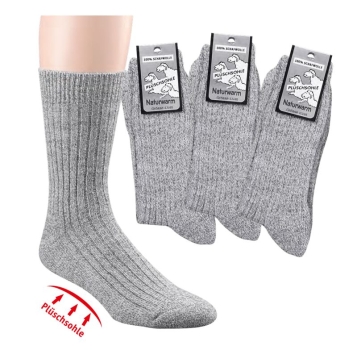 95% Schafwolle Socken mit dickem Fußbett & ohne Gummidruck "hellgrau" Gr. 35/38 bis 47/50 im 3er Pack