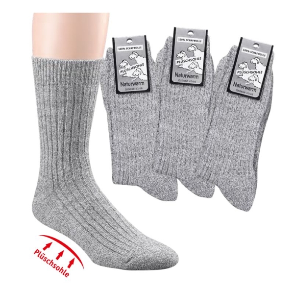 95% Schafwolle Socken mit dickem Fußbett & ohne Gummidruck "hellgrau" Gr. 35/38 bis 47/50 im 3er Pack